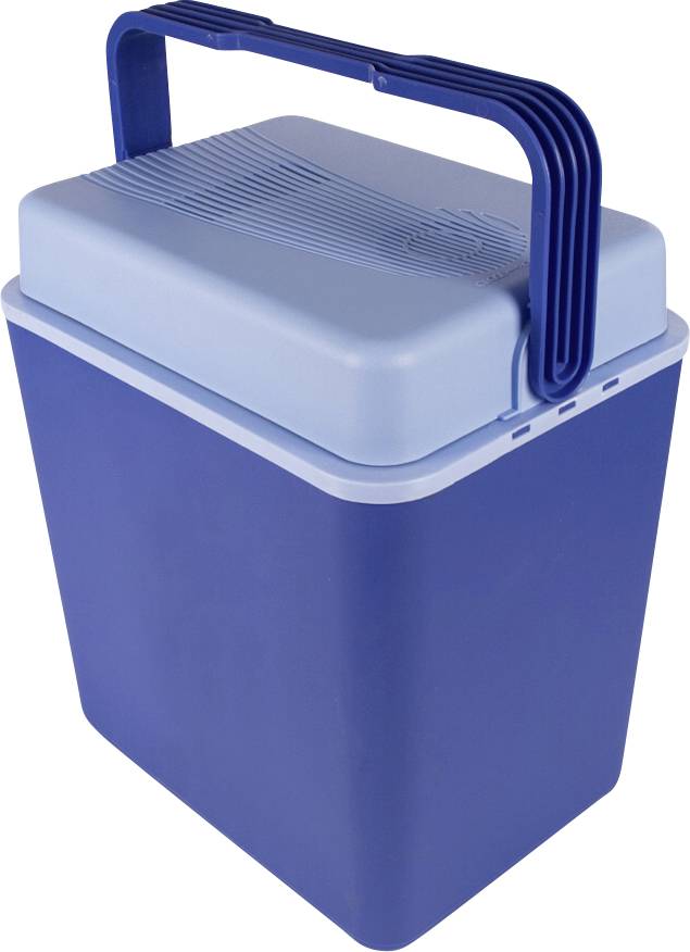 Blauwe draagbare koelbox met scharnierend deksel en ingebouwde draaggreep op witte achtergrond.