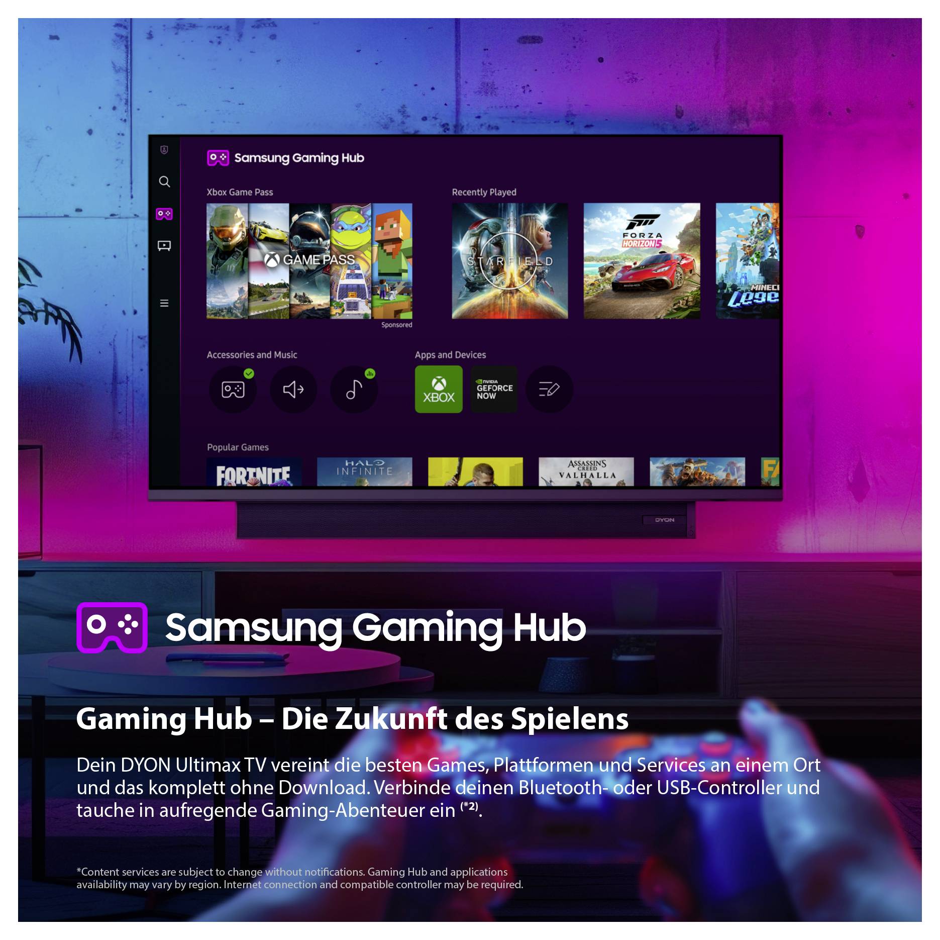 Advertentieafbeelding voor Samsung Gaming Hub op een tv: Gameinterface met spelkachels en slogan 'Gaming Hub – De Toekomst van Gamen' en verwijzing naar spellen zonder download.