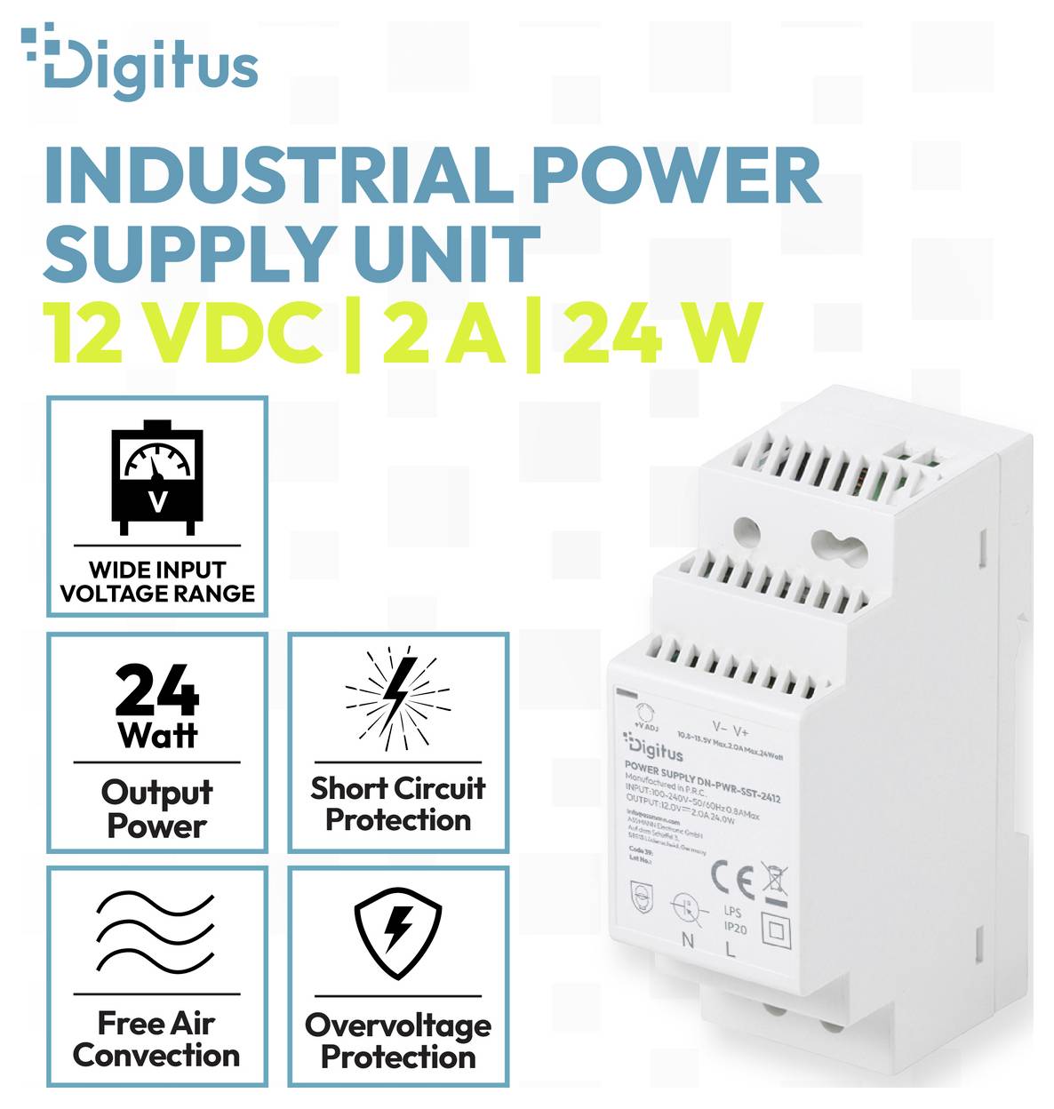 DIGITUS - power supply - 12 V step-shape DIN-Rail slim class II - 24 watt Netzteile - 24 Watt - 80 Plus – Foto 2 von 2