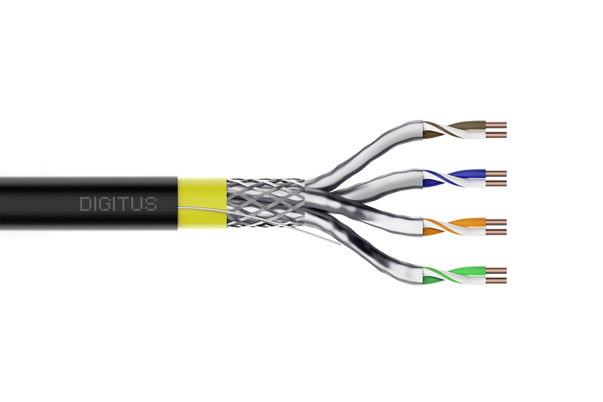 Doorsnede van een DIGITUS Ethernet-kabel met vier gedraaide draadparen in de buitenmantel.