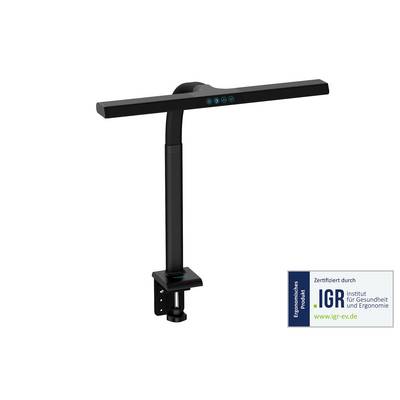 Zwarte verstelbare LED-bureaulamp met T-vormige lichtbalk en klembevestiging; certificeringslabel van IGR Institute for Health and Ergonomics.
