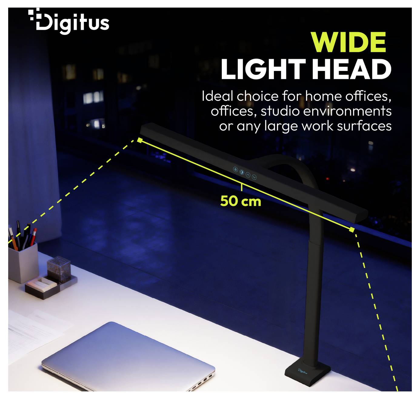 Digitus brede lichte bureaulamp voor thuiskantoren en studio's, met 50 cm lichtbereik over een groot werkblad.