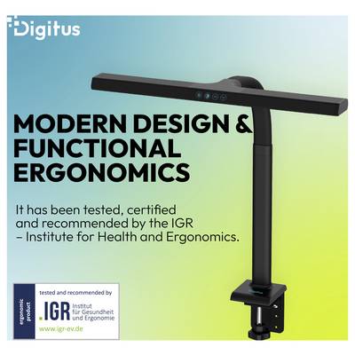 Digitus ergonomisch monitorlichtbalken met Duitse tekst: 'Modern design & functionele ergonomie' en IGR-getest/aanbevolen certificering.