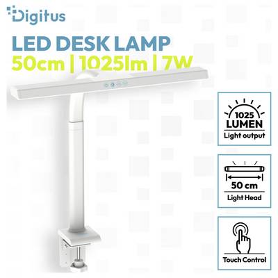 Digitus LED-bureaulamp met klembevestiging, 50 cm lichtarmatuur, 1025 lumen output, 7W vermogen en aanraakbediening.