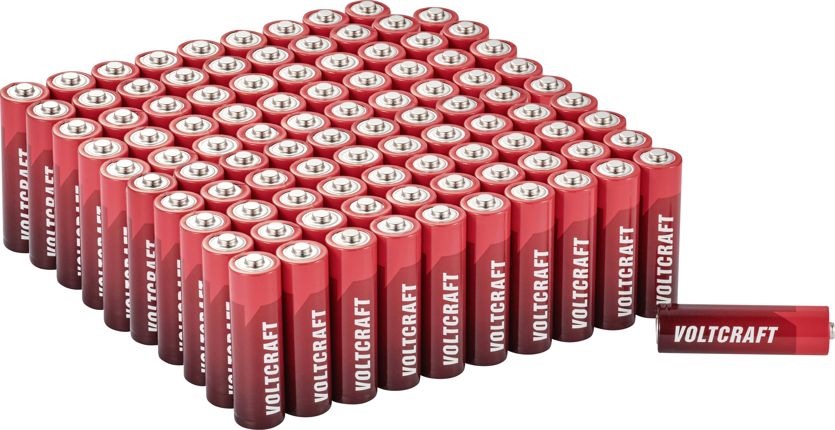 Rijen rode VULTCRAFT-batterijen gerangschikt in een groot rechthoekig pakket, met één batterij afzonderlijk aan de rechterkant liggend.