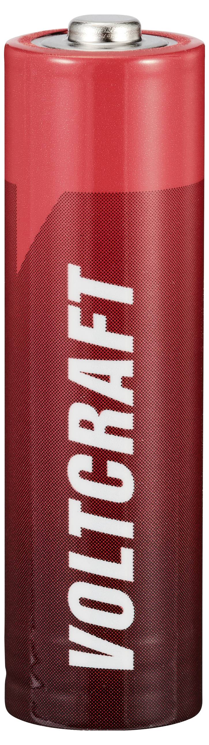 Een enkele rode VoltCraft AA-batterij weergegeven rechtopstaand tegen een witte achtergrond.
