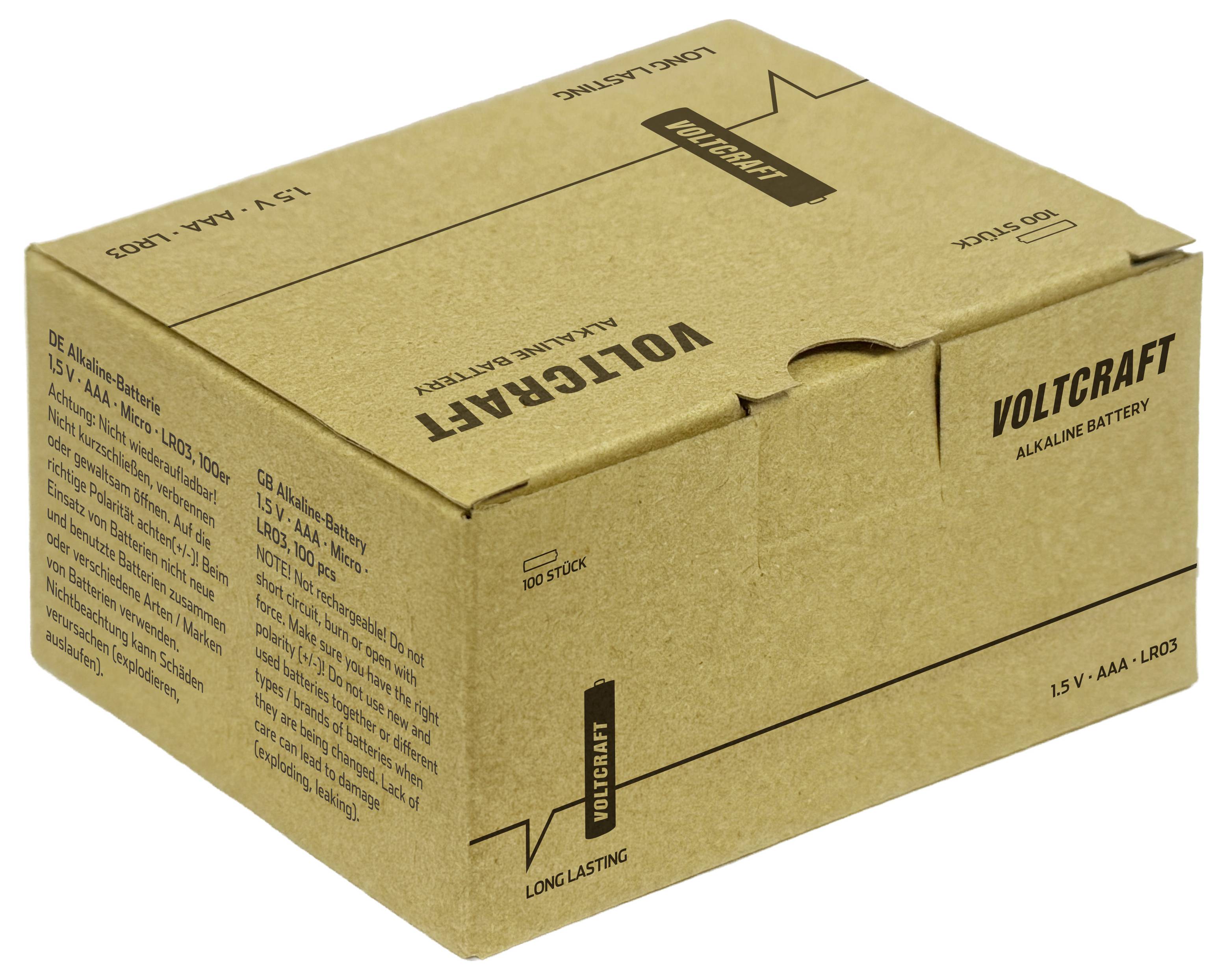 Kartonen verzendkartondoos voor Voltcraft alkalinebatterijen, gelabeld met 'LONG LASTING' en 'VOLTCRAFT', weergegeven gesloten op een witte achtergrond.