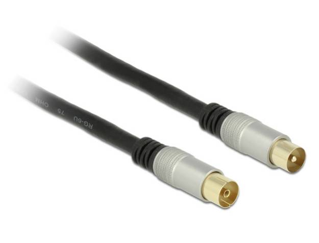Twee zwarte coaxiale kabels met goudkleurige connectoren op een witte achtergrond.