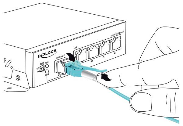 Hand steekt een Ethernet-kabel in een voorpoort van een DELOCK-switch, met zichtbare genummerde netwerkpoorten.
