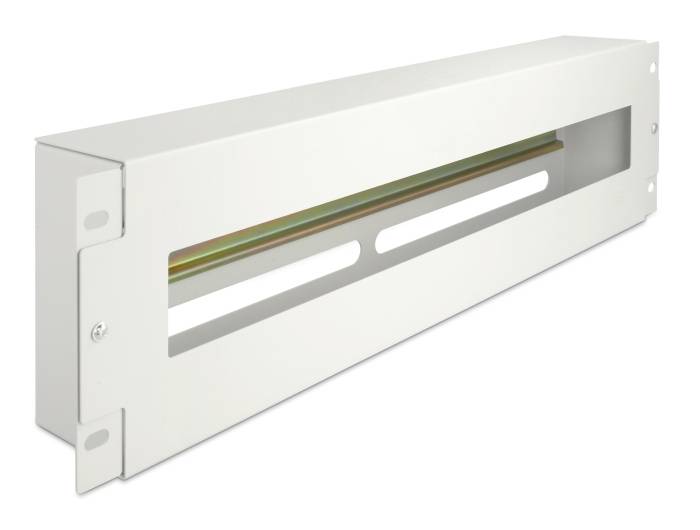 Witte metalen elektrische behuizing of aan de muur gemonteerde hardwarebak met een groot rechthoekig vooraan openingsgat en montagetabbladen.