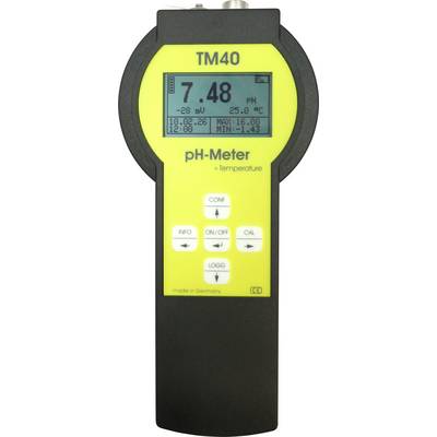 Handheld TM40 pH-meter met temperatuurdisplay met pH 7,48, batterij op 28%, en datum/tijd aflezingen.