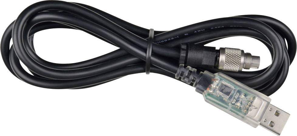 USB-naar-seriële adapterkabel met USB-A-stekker en schroefdraad-seriëleconnector, opgerold en bij elkaar gebonden.