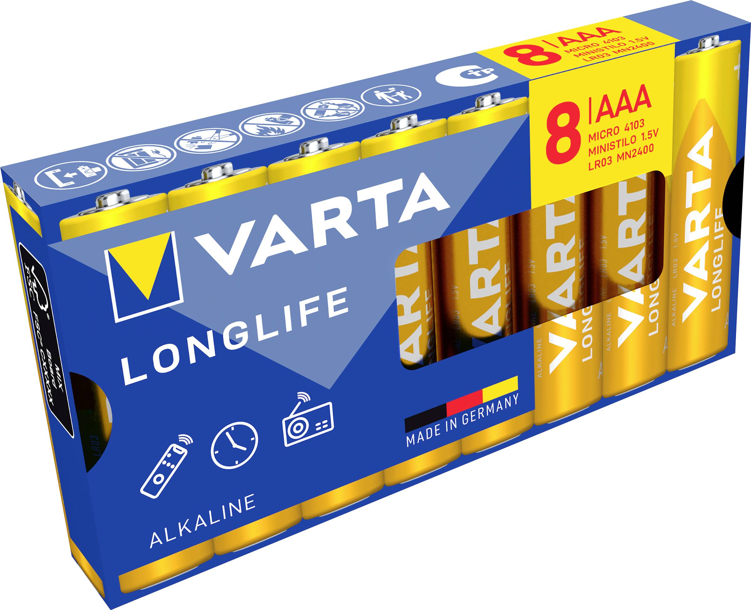 VARTA Longlife alkaliene batterijenset met 8 AAA-batterijen, blauwe en gele verpakking gelabeld 'Made in Germany'.