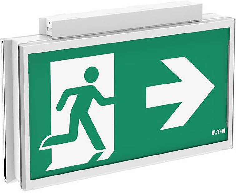Groen nooduitgangsbord met een rennend persoon en een pijl naar rechts die de evacuatieroute aangeeft.