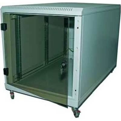 Draagbare glazen voorkant apparatuurkast op wieltjes met een tealkleuring metalen frame en lege binnenkant.