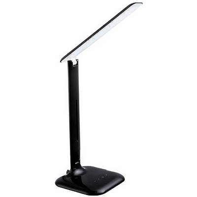Zwarte LED-bureaulamp met verstelbaar schuin lichtpaneel op een rechthoekige voet.