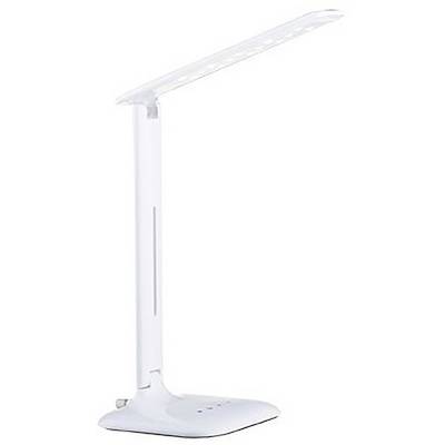 Witte verstelbare LED-bureaulamp met een platte rechthoekige basis en slanke verticale stengel op een eenvoudige achtergrond.