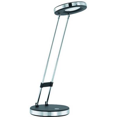 Modern instelbare bureaulamp met twee slanke ondersteuningsarmen, ronde voet en circulair lichtarmatuur op een witte achtergrond.