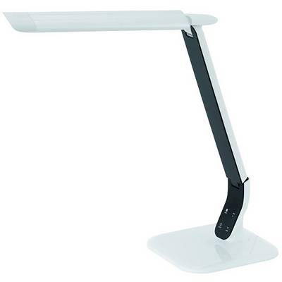 Modern verstelbare bureaulamp met een slanke zwarte arm en matglazen lichtpanelen op een witte voet.