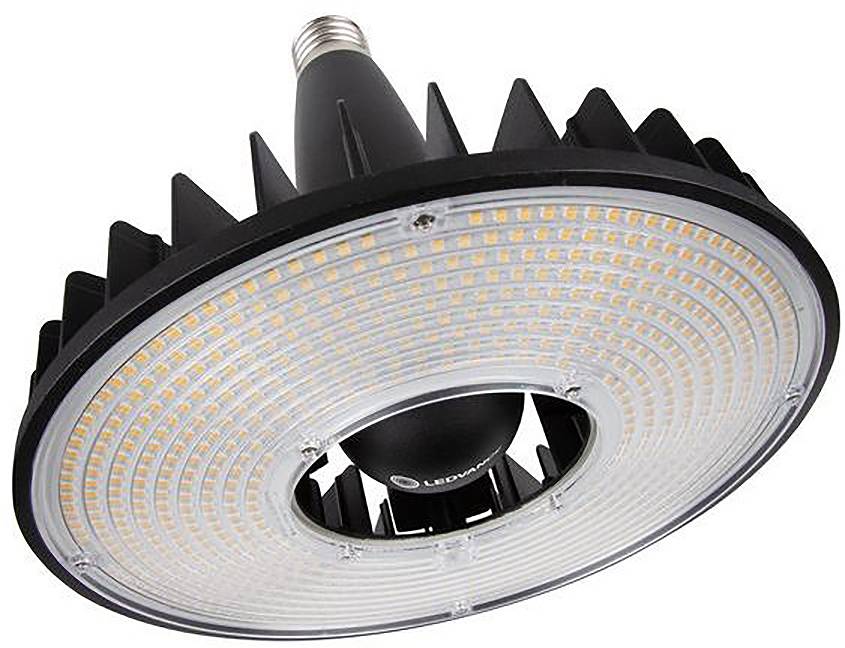 Rond LED-industrieel daklicht met koelribben en schroefbare lampfitting, weergegeven op een witte achtergrond.