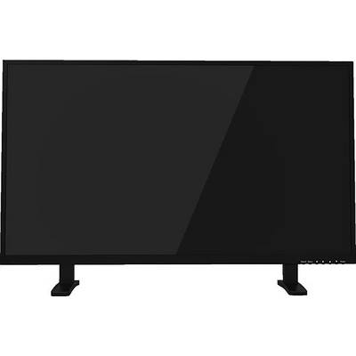 Zwart flatscreen monitor of tv op een standaard, afgebeeld uitgeschakeld tegen een witte achtergrond.