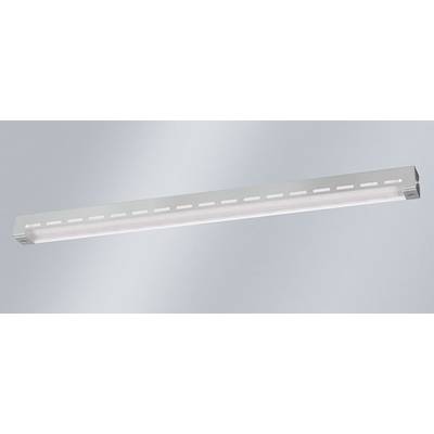 Slanke lineaire plafondlamp met een wit doorschijnend diffusor en zilveren metalen uiteinden op een effen grijze achtergrond
