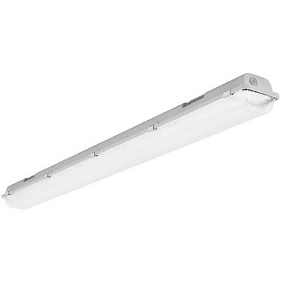 Lange rechthoekige LED-fluorescentie-stijl plafondlichtarmatuur met een witte diffuser en grijze behuizing op een witte achtergrond