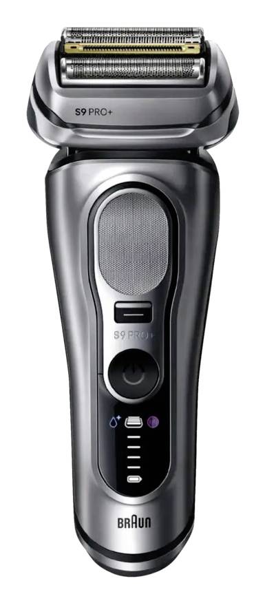 Zwarte Braun S9 Pro+ elektrische scheerapparaat met folieafsluiting en aan/uitknop, getoond van voren op een witte achtergrond.