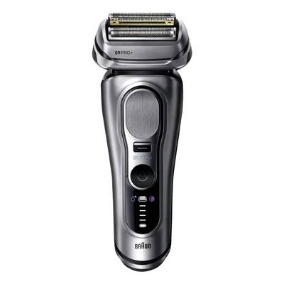 Zwarte Braun S9 Pro+ elektrische scheerapparaat met folieafsluiting en aan/uitknop, getoond van voren op een witte achtergrond.