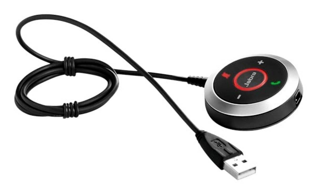 USB-headset met inline-bediening met volume-, dempen- en belsnoeren op een zwarte kabel