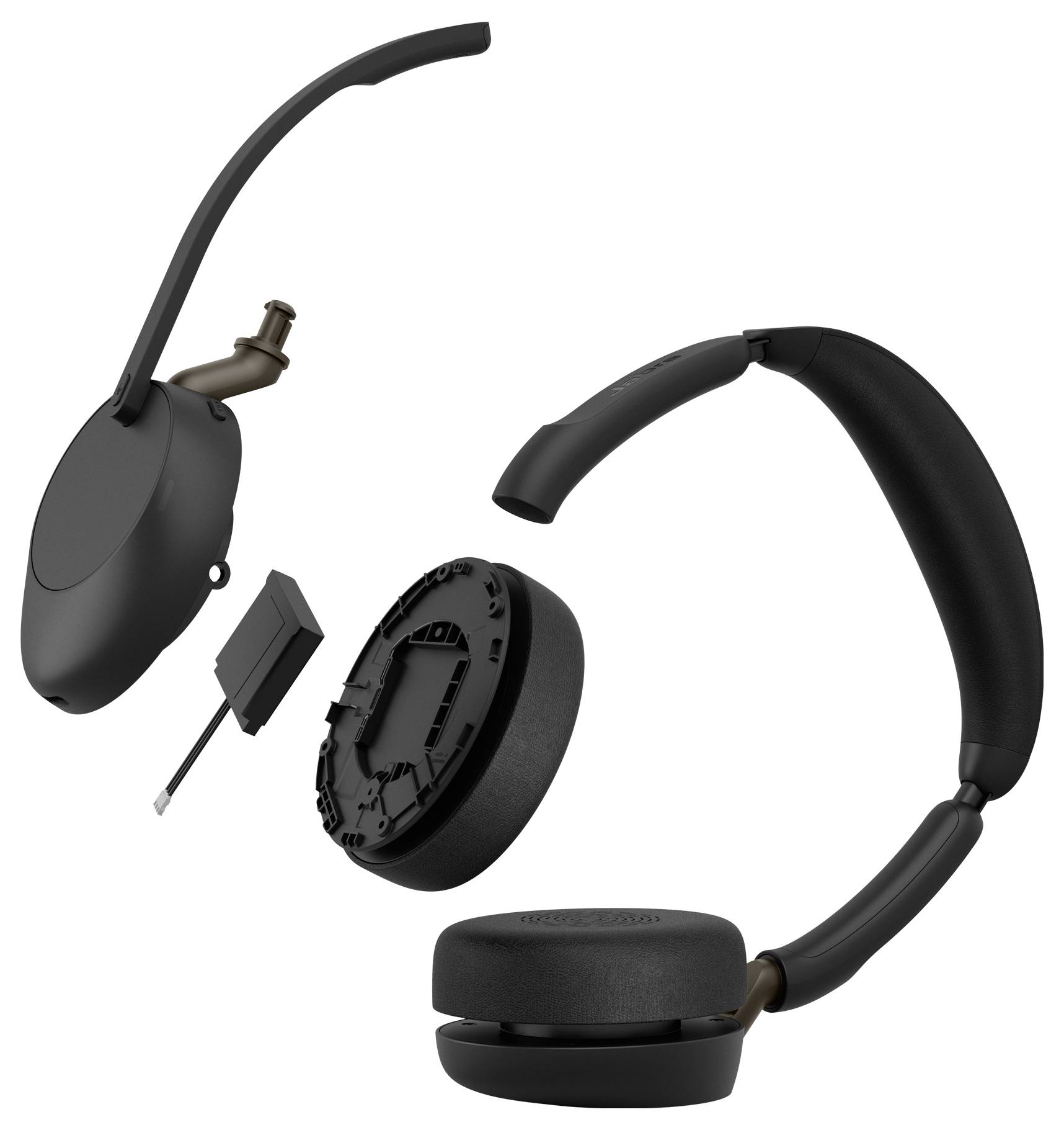 Explodeerde weergave van een zwart over-ear-koptelefoon met de hoofdband, oorkap, luidspreker module en interne componenten gescheiden voor illustratie van de montage.