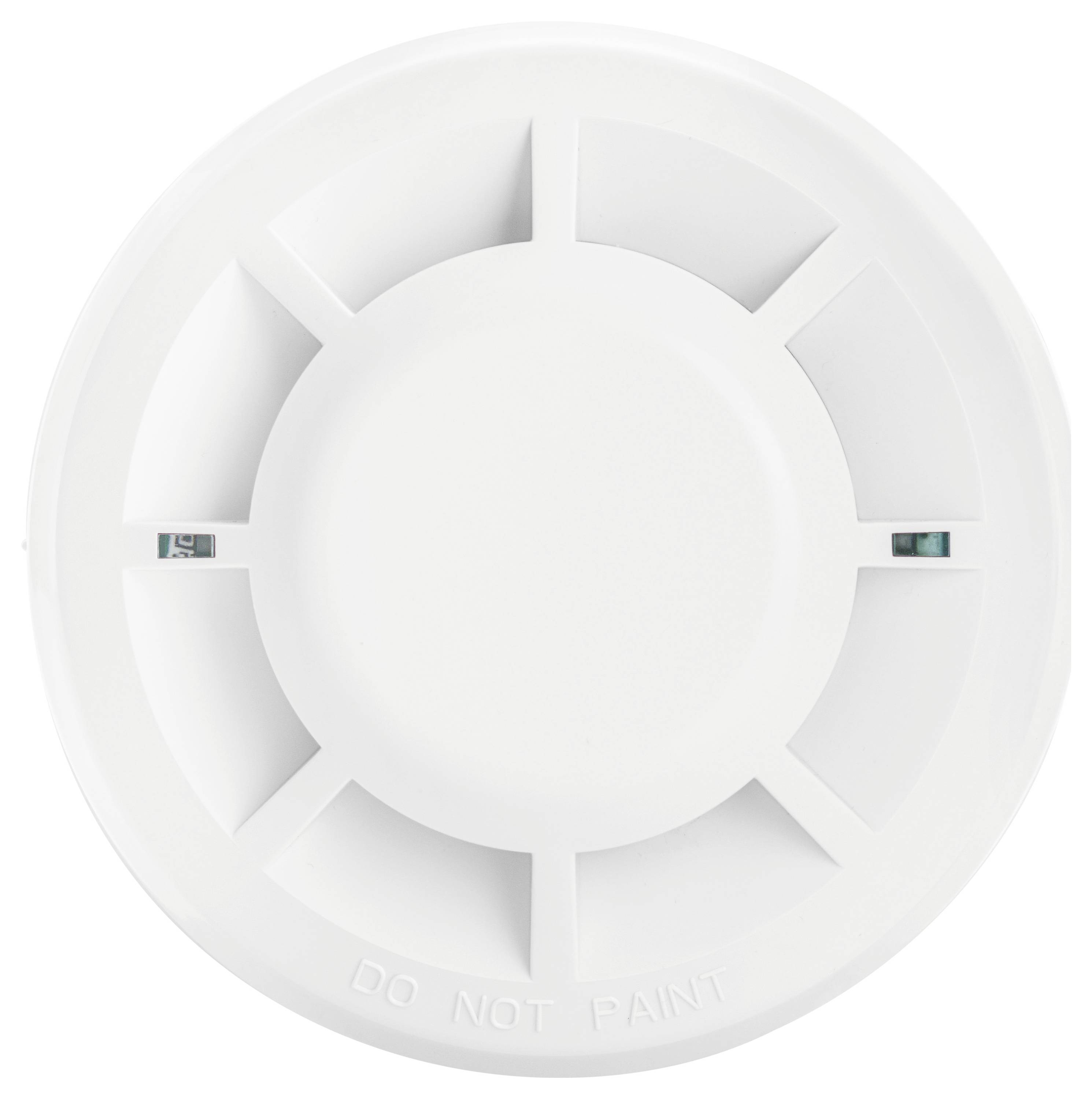 Wit ronde rookmelder of alarmsensor met 'DO NOT PAINT' (NIET SCHILDEREN) gegraveerd op de onderrand.