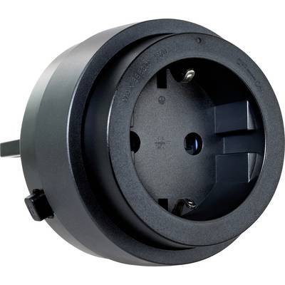Rond zwart elektriciteitsadapter met een Europees-stijl stopcontact op een witte achtergrond