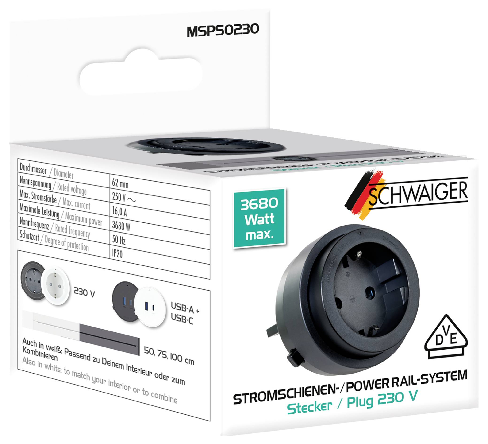 Productdoos voor een SCHWAIGER stroomrailstekker met stekker 230 V, gelabeld met maximaal 3680 watt, met zwart-witte afbeeldingen van stopcontacten en technische specificaties.