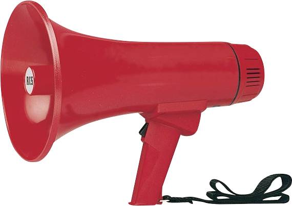 Rode handheld megafoon met een zwarte schouderband op een witte achtergrond.