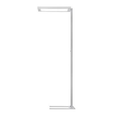 Moderne minimalistische witte vloerlamp met een slanke verticale paal en rechthoekige horizontale lichtenkop op een effen achtergrond.