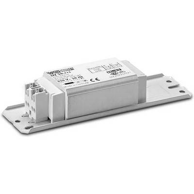 Metalen elektrische ballastmodule met montagebeugel en bedrading connector, gelabeld voor gebruik met fluorescentie verlichting.
