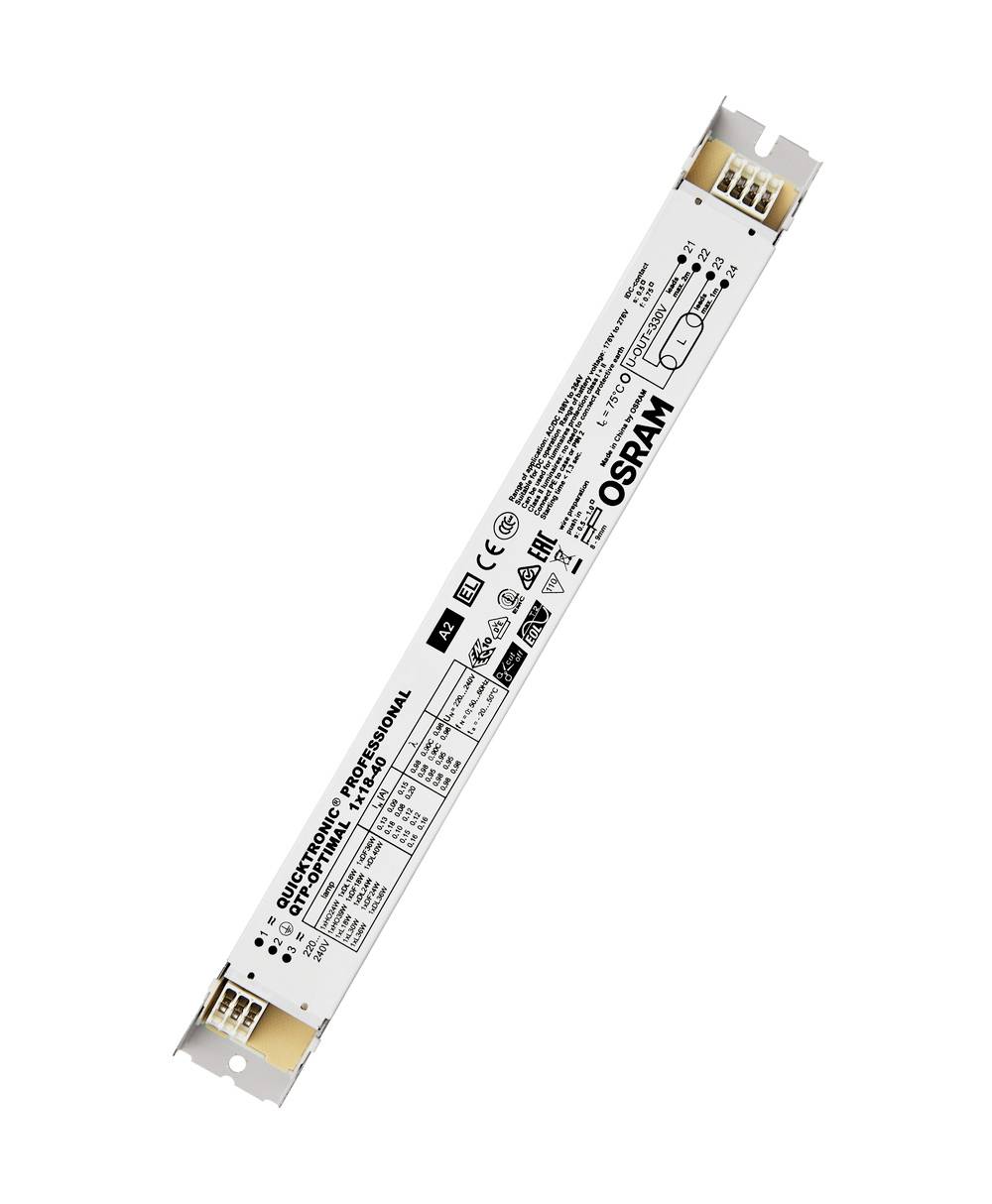 Wit OSRAM QUICKTRONIC fluorescente lampen-ballast diagonaal op een effen achtergrond weergegeven, met technische labels en aansluitingen aan beide uiteinden.