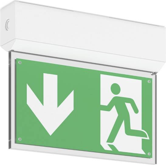 Groen verlicht nooduitgang-bord met een witte pijl naar beneden en een rennend persoon symbool dat de uitgangsroute aangeeft.