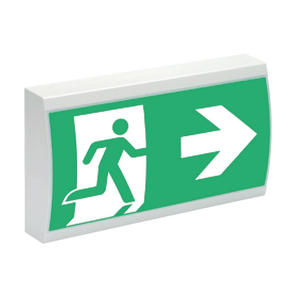 Groen nooduitgangbord met symbool van lopende persoon en naar rechts wijzende pijl die de evacuatierichting naar rechts aangeeft.