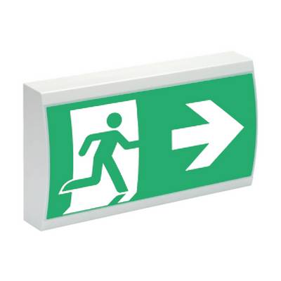 Groen nooduitgangbord met symbool van lopende persoon en naar rechts wijzende pijl die de evacuatierichting naar rechts aangeeft.