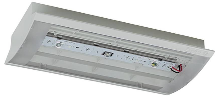 Rechthoekig wit LED-plafondlicht met zichtbare interne componenten, weergegeven van onderaf onder een hoek.