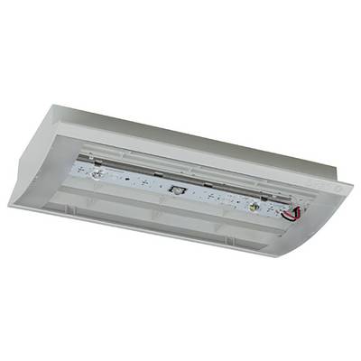 Rechthoekig wit LED-plafondlicht met zichtbare interne componenten, weergegeven van onderaf onder een hoek.