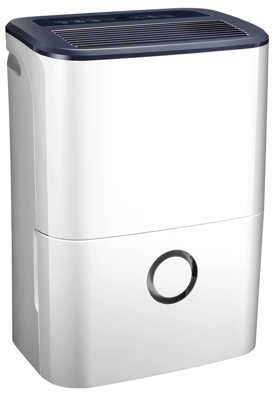 Witte ontvochter met donkere bovenste ventilatieopeningen en een ronde waterreservoir-indicator aan de voorkant op een eenvoudige achtergrond.