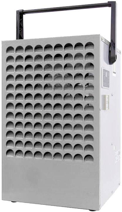 Een draagbare industriële airconditioner met een groot voorrooster en zwart draaggreep aan de bovenkant.
