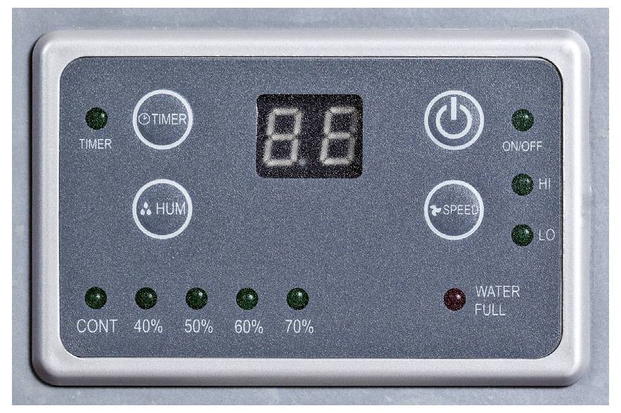 Bedieningspaneel voor een luchtbevochtiger of apparaat met digitaal display, timer en vochtigheidsknoppen, energie- en snelheidsregelaars, en indicatorlampen voor 'aan/uit', 'hoog', 'laag' en 'water vol'.