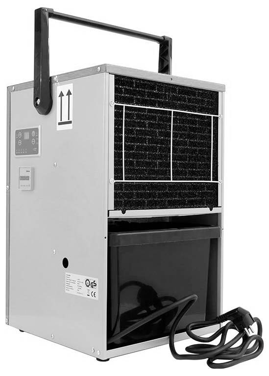 Draagbare ontvochtiger of airconditioningunit met handvat, voorgrille, bedieningspaneel en stroomkabel op een witte achtergrond.