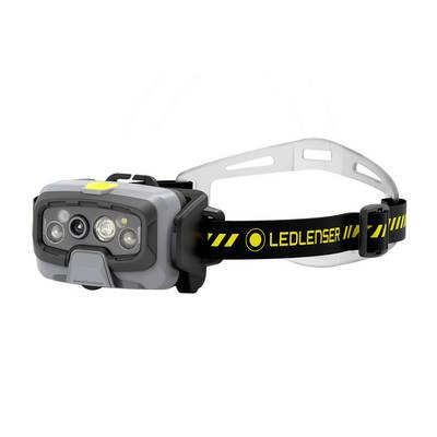 LEDLENSER hoofdlamp met verstelbare band en drie voorlampen op een witte achtergrond.