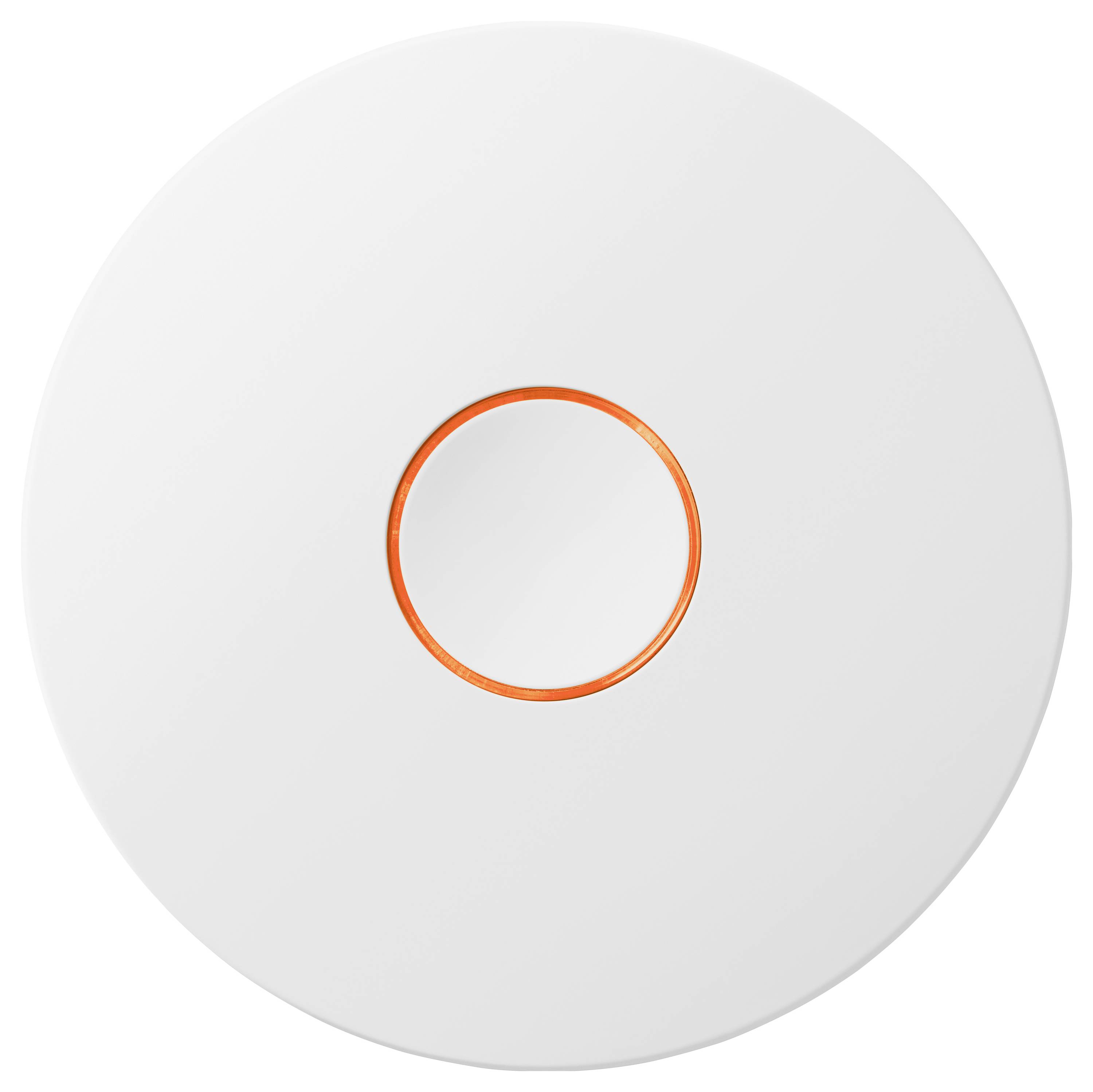 Bovenaanzicht van een rond wit apparaat met een klein oranje ringetje in het midden, waarschijnlijk een rookmelder of slimme sensor.