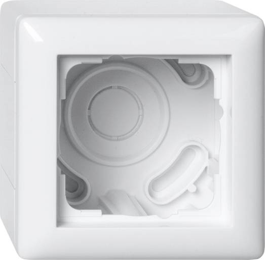 Witte plastic vierkante wandafdeking met een verzonken ronde opening en intern bevestigingsmechanisme.